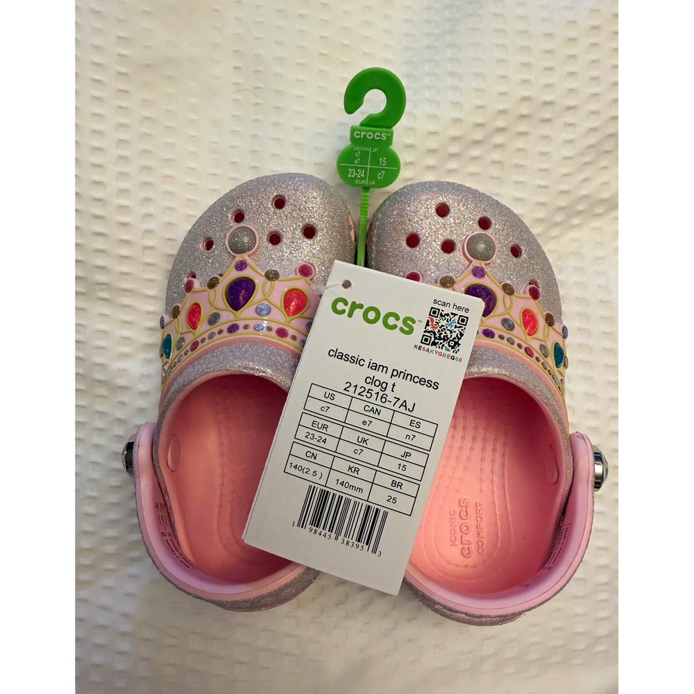 Crocs Classic I Am Princess Girls Glitter Clog Pink Silver Toddler C7 212516-7AJ